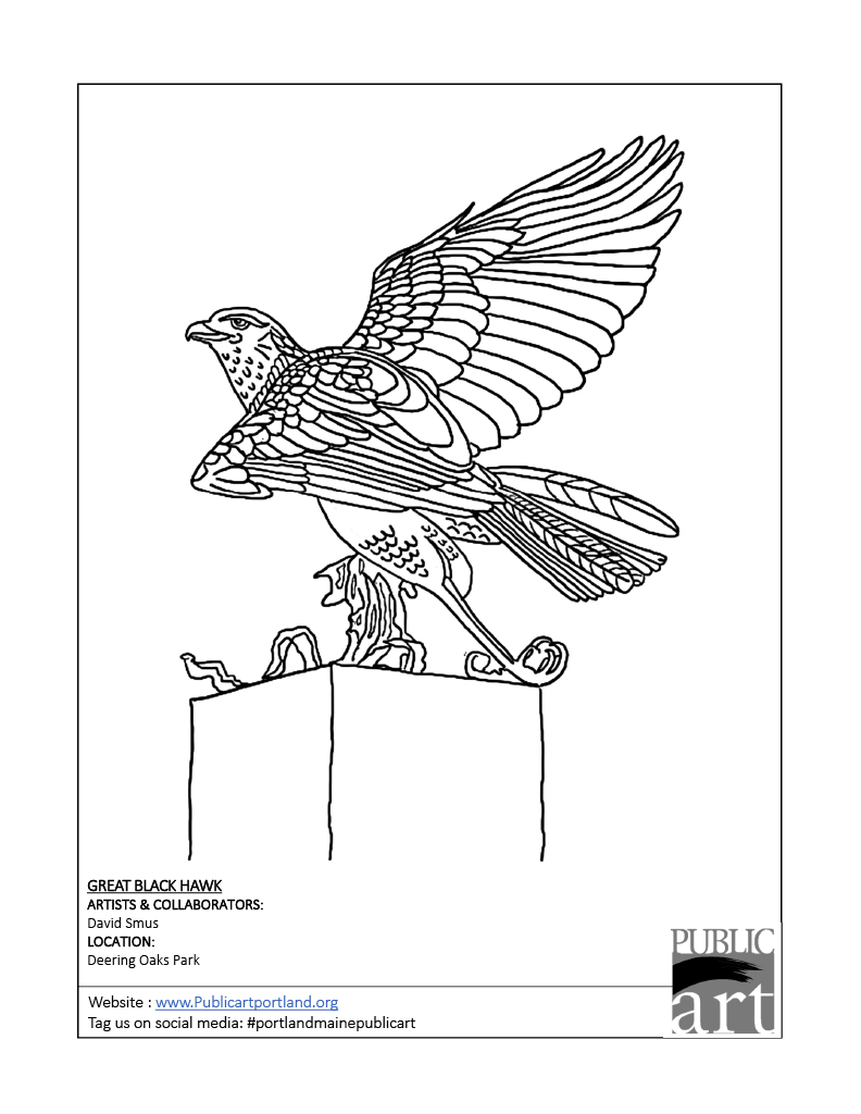 Portland Public Art Commitee coloring sheet - Great Black Hawk