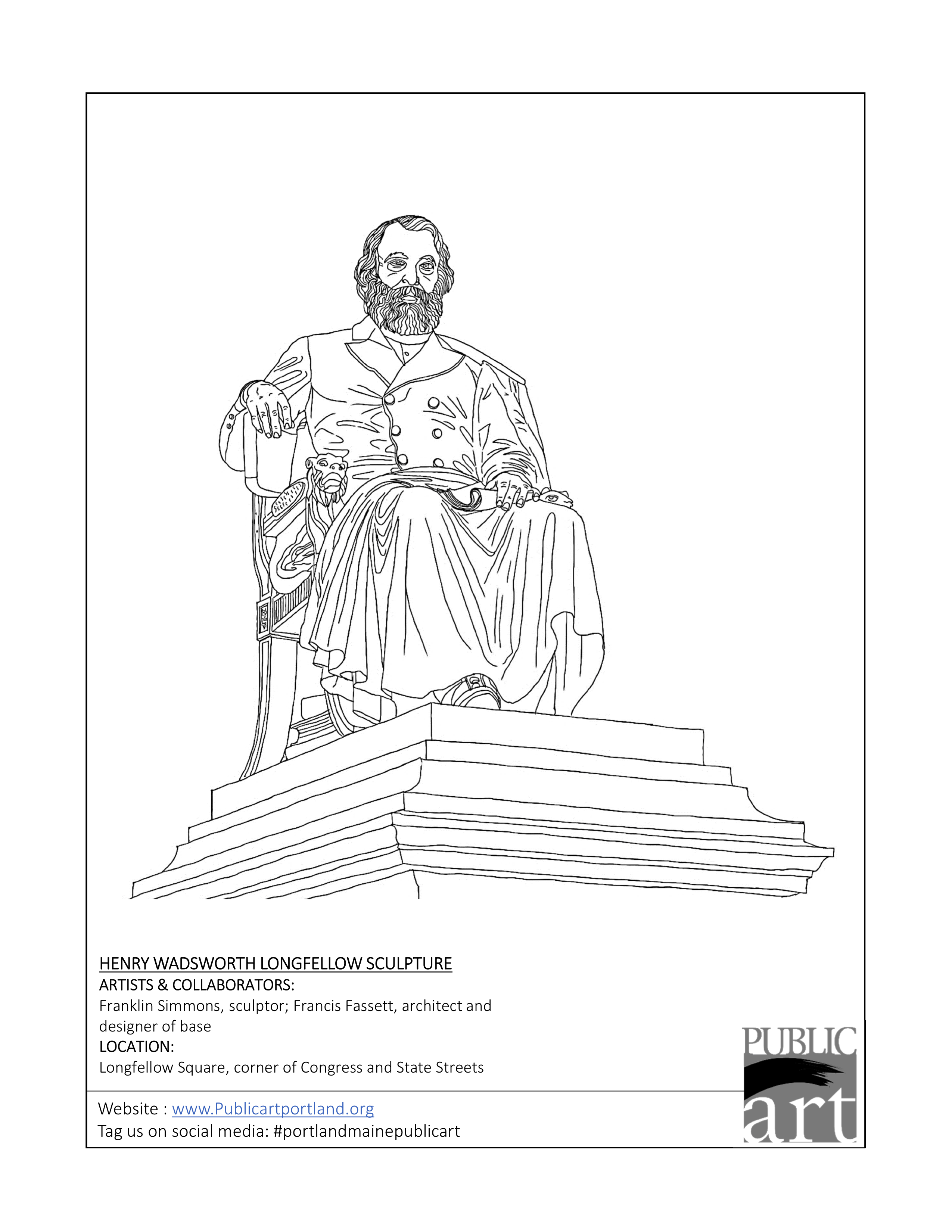 Portland Public Art Committee coloring sheet - Longfellow statue